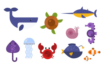 Sea animals marine life character vector illustration.