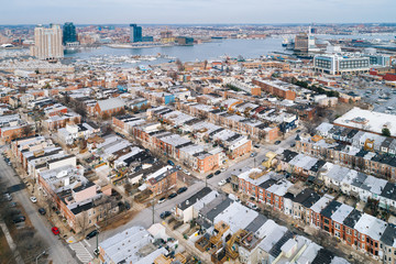 Aerial view of Federal Hill and the harbor, in Baltimore, Maryla