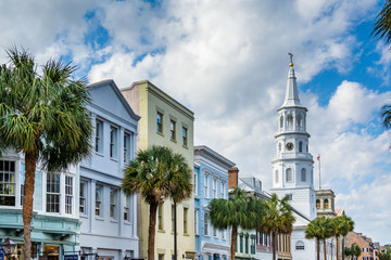 Buildings and palm trees along Broad Street, in Charleston, Sout