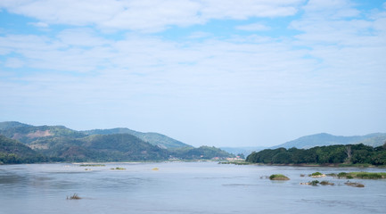 Fototapeta na wymiar View of Mekong River with mountains at Chiang Khan District, Loei Province, northeastern Thailand
