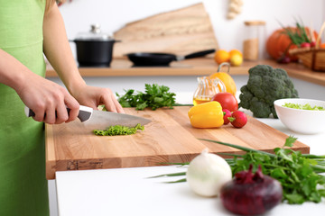 Close up of  woman's hands cooking in the kitchen. Housewife slicing ​​white bread. Vegetarian and healthily cooking concept