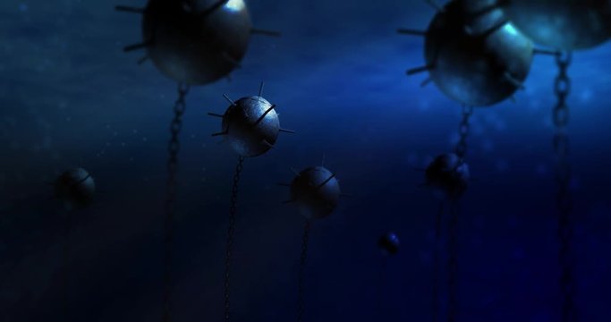 An underwater shot of CG animated World War 2 Submarine Mines