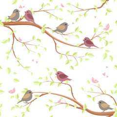 nature seamless texture with enamored cute birds on trees