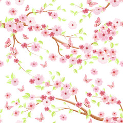 Obraz na płótnie Canvas branches blossom of cherry and butterflies. seamless texture for