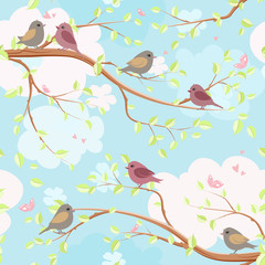 seamless texture with cute birds in spring forest