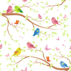 seamless texture with enamored birds on trees