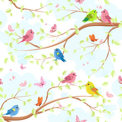 seamless texture with enamored pretty birds on trees