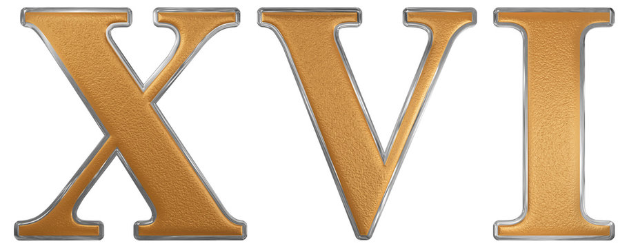 Roman numeral XVI, sedecim, 16, sixteen, isolated on white backg