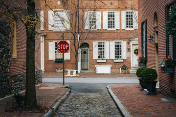 Historic brick houses and narrow cobblestone alley in Society Hi