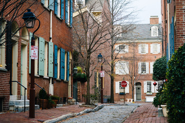 Historic brick houses and narrow cobblestone alley in Society Hi