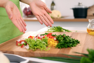 Close up of  woman's hands cooking in the kitchen. Housewife slicing ​​white bread. Vegetarian and healthily cooking concept