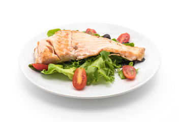 grilled salmon steak on white