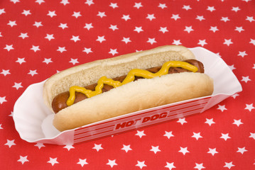 Hotdog with mustard in patriotic tablecloth