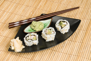 Sushi meal on bamboo placemat