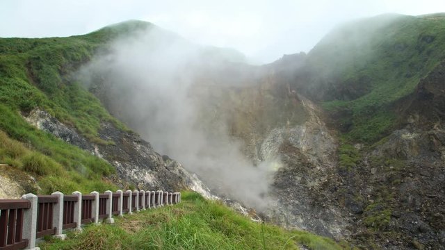 4K, Mountains And Valleys of Hot Geothermal Spring In Yang Ming Shan National Park. A Fragment Of The Smoking Crater Of The Volcano Shot in Taiwan-Dan