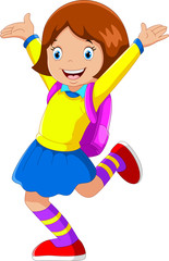Vector illustration of happy girl with backpack going to school