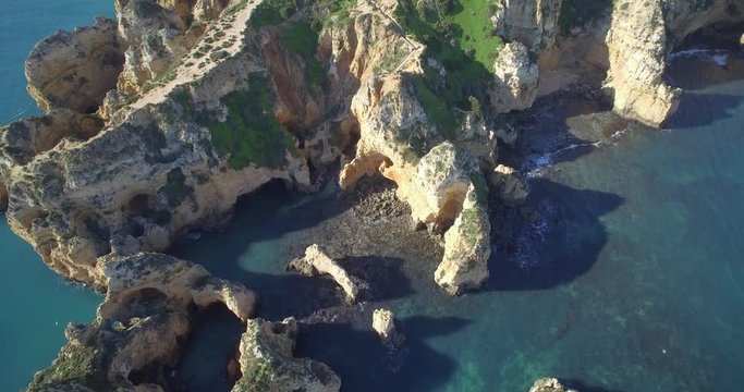 Aerial, Caves At Farol Da Ponta Da Piedade, Lagos, Portugal - Native Material, straight out of the cam, watch also for the graded and stabilized version