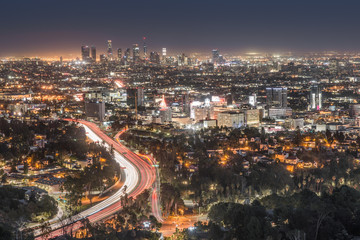 Fototapeta na wymiar Night View of US 101, Hollywood, and Downtown Los Angeles from Hollywood Bowl Overlook
