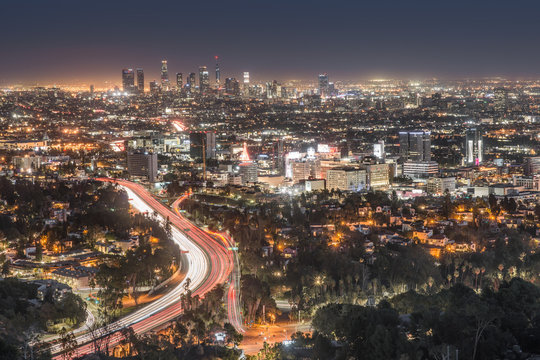 Night View of US 101, Hollywood, and Downtown Los Angeles from Hollywood Bowl Overlook