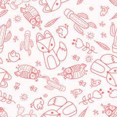 Hand drawn vector seamless pattern with cute animals. ,Fox,owl,F