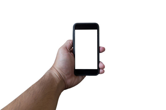 man hand holding mobile phone on white background