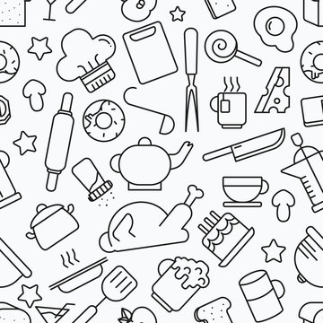 kitchen seamless pattern. White background with line icons Vecto