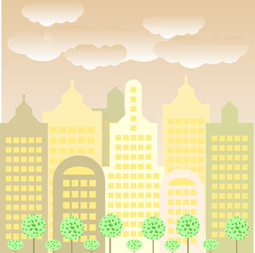 Vector city. Vector illustration. Building, tree and sky.
