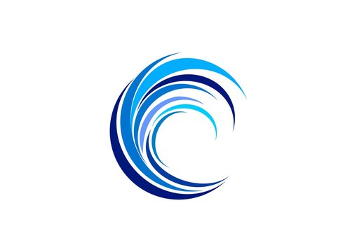wave circle logo, swirl blue waves water symbol icon, letter C elements wave vector design template