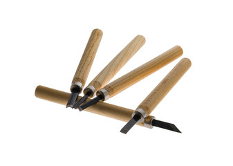 set of wood carving tools on white background