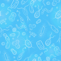 Seamless pattern with contour images of bacteria, germs and viruses on the blue background