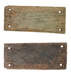 close up of an empty wooden sign on white background