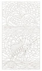 Set contour illustrations of stained glass with dolphins and fish sailboat on the sea background ,cloud, sky and sun