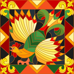 Illustration style stained glass rooster abstract bright frame, the imitation of painting Khokhloma