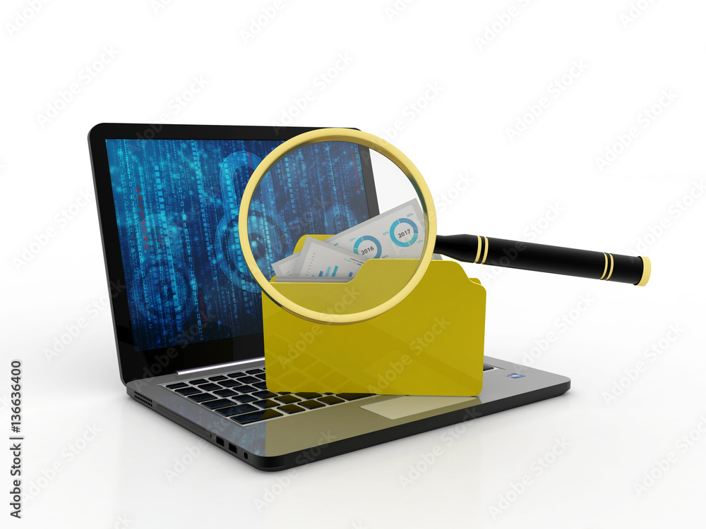 Aufkleber 3d illustration of computer and folder with files and magnifying glass. files search