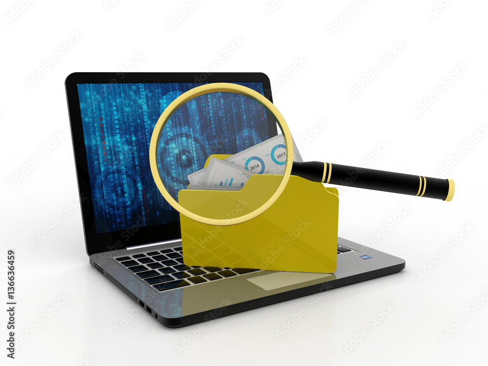 Aufkleber 3d illustration of computer and folder with files and magnifying glass. files search