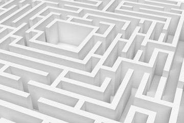 3d rendering of a white square maze in close up view on white background.