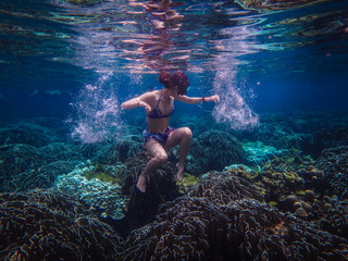 Underwater Photo of a Woman Diving , girl wearing bikini in action dive underwater ocean in...