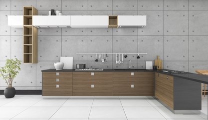 3d rendering loft kitchen with wood shelf 