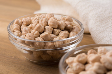 Garbanzo beans or chickpeas in a glass bowl with copy space.