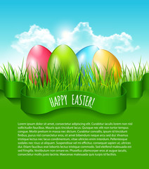 Easter background with eggs in grass and blue sky with clouds and place fot your text. Vector