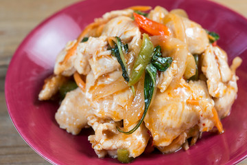 wok fried chicken stir fry with sweet peppers and chinese vegeta