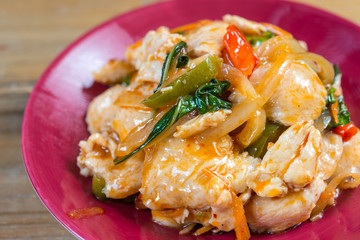 wok fried chicken stir fry with sweet peppers and chinese vegeta
