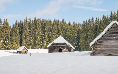 Old traditional shepherd cottage on alpine meadow during winter