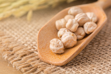 Garbanzo beans or chickpeas in a wooden spoon.