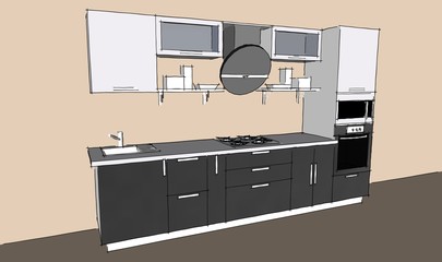 Sketch drawing of grey 3d modern kitchen interior with round hood
