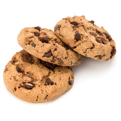 Three Chocolate chip cookies isolated on white background. Sweet