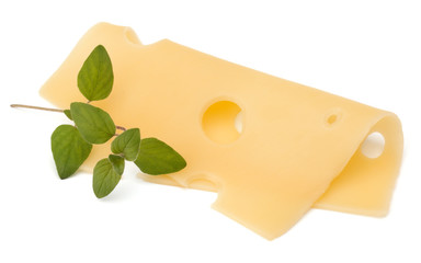 Cheese slice with oregano isolated on white background
