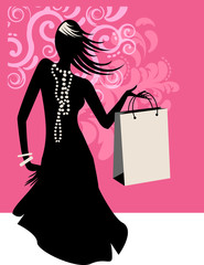 Fashion silhouette in catwalk and runway for shopping on decor background and shopper with place for text
