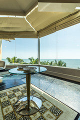 Modern style of living room with bed and sea view