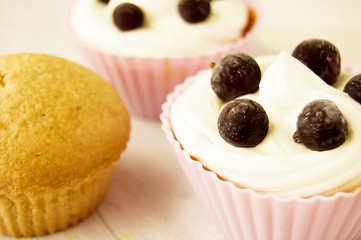 cupcakes with cream, cakes with cream and berries